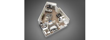 A 3D rendered image of a small apartment layout.