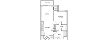 A floor plan of a small apartment with a living room, bedroom, kitchen, and bathroom.