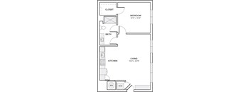 A floor plan of a small apartment with a bedroom, bathroom, kitchen, and living room.