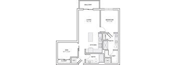 A floor plan of an apartment with a living room, bedroom, kitchen, and den.