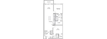 A floor plan of a small apartment with a living room, bedroom, kitchen, and den.