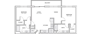 A floor plan of a house with a balcony, two bedrooms, a living room, a dining room, a kitchen, two bathrooms, and two closets.