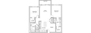 A black and white image of a floor plan for a home with two bedrooms, a living room, a dining room, a kitchen, a bathroom, a pantry, and a closet.