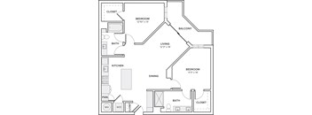A black and white image of a floor plan for a home with a living room, kitchen, dining room, and three bedrooms.