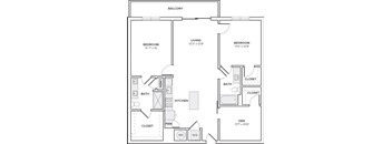 A black and white image of a floor plan for a home with a balcony, two bedrooms, a living room, a kitchen, a bathroom, a den, and a pan.