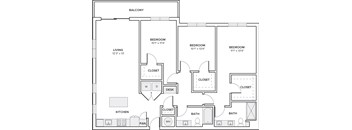 A floor plan of a home with three bedrooms, a living room, a kitchen, a bathroom, a desk, and a pantry.