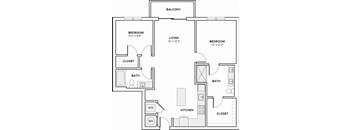 A black and white image of a floor plan for a two bedroom apartment.