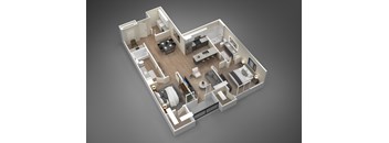A 3D rendered image of a house layout.