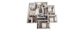 A floor plan of an apartment with a living room, two bedrooms, a kitchen, a storage area, a porch/sunroom, and a foyer.