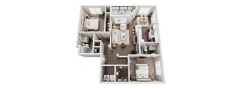 A floor plan of a house with a living room, dining room, kitchen, two bedrooms, a bathroom, and a foyer.