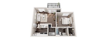 A floor plan of a house with a kitchen, living room, bedroom, bathroom, and storage space.