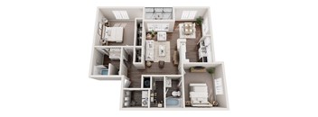 A floor plan of an apartment with a living room, dining room, kitchen, two bedrooms, a bathroom, and a foyer.