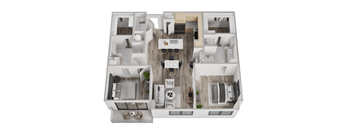 a floor plan of a bedroom apartment with wood flooring
