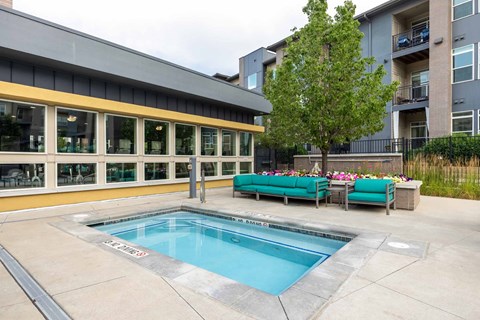 A small pool in a concrete patio with a green bench and a tree.
