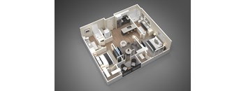 A 3D rendered image of a house layout.