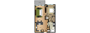 A floor plan of a house with a balcony, living room, dining room, kitchen, bathroom, and laundry area.