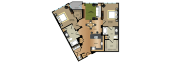 A floor plan of a house with a kitchen, living room, and two bedrooms.