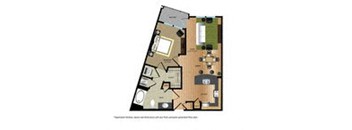 A floor plan of an apartment with a kitchen, living room, and two bedrooms.