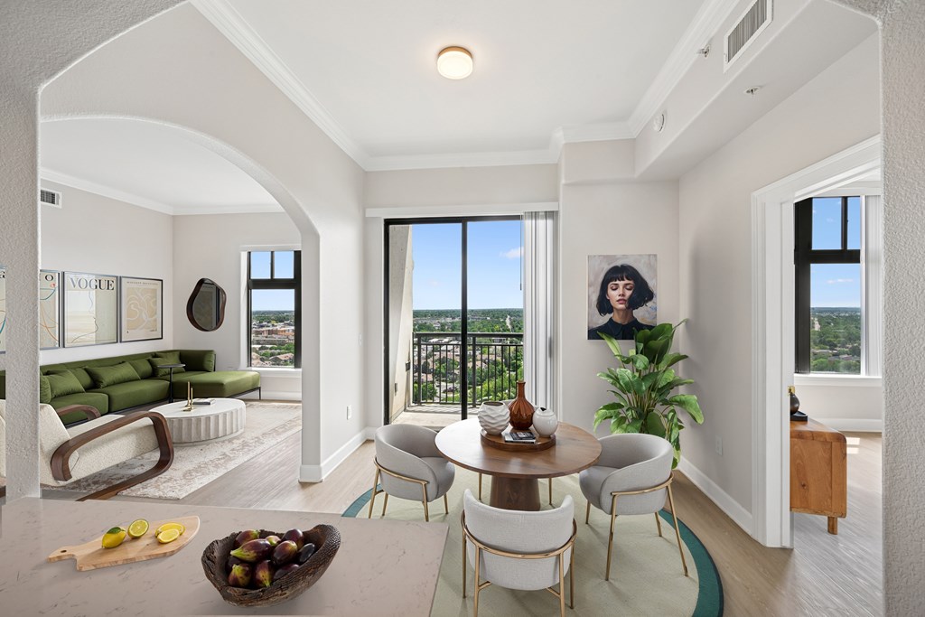 A modern living room with a view of the city.