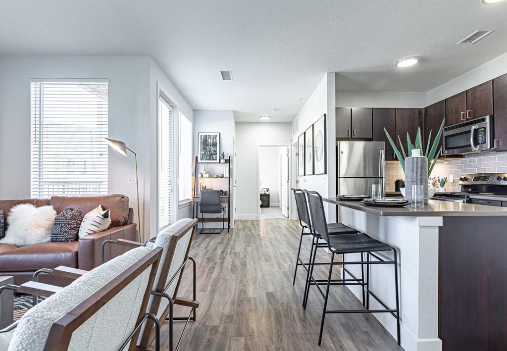 a kitchen and living room