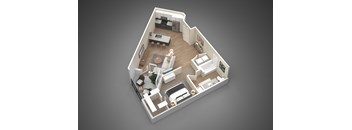 A 3D rendered image of a small apartment layout.