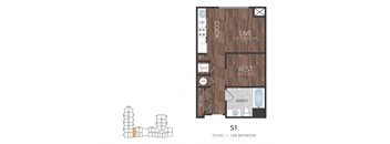 a floor plan of a studio apartment with a bedroom and a living room