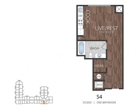 a floor plan of a studio apartment with a bedroom and a living room