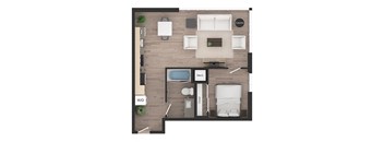 a floor plan of a bedroom with a bathroom and a living room