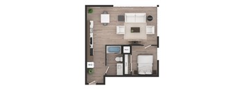 a floor plan of a studio apartment with a bedroom and a living room