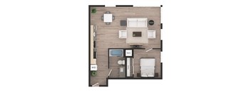 a floor plan of a studio apartment with a bedroom and a living room