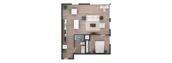 a floor plan of a studio apartment with a bedroom and a living room