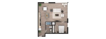 a floor plan of a studio apartment with a bedroom and a living room