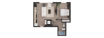 a floor plan of a bedroom with a bathroom and a living room
