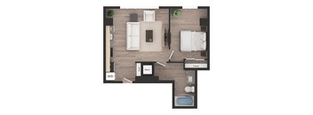 a floor plan of a bedroom with a bathroom and a living room
