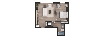 a floor plan of a bedroom with a bathroom and a living room