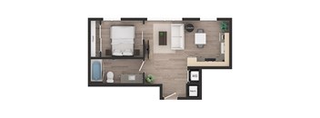 a bedroom floor plan with a bathroom and a living room
