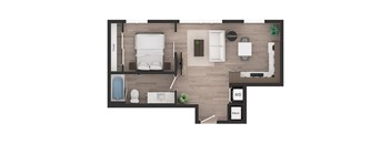 a bedroom floor plan with a bathroom and a living room