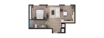a floor plan of a bedroom with a bathroom and a living room