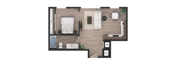 a floor plan of a bedroom with a bathroom and a living room