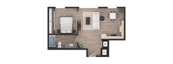 a floor plan of a bedroom with a bathroom and a living room