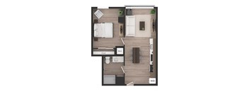 a floor plan of a studio apartment with a bedroom and a living room