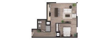 a floor plan of a studio apartment with a bedroom and a living room