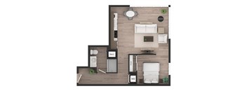 a floor plan of a studio apartment with a bedroom and a living room