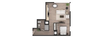 a floor plan of a studio apartment with a bedroom and a living room