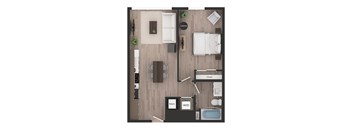 a floor plan of a studio apartment with a bedroom and a living room