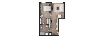 a floor plan of a studio apartment with a bedroom and a living room