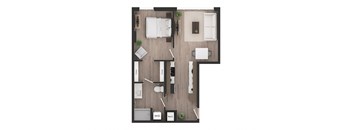 a floor plan of a studio apartment with a bedroom and a living room