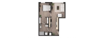 a floor plan of a studio apartment with a bedroom and a living room