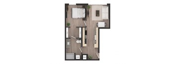 a floor plan of a studio apartment with a bedroom and a living room