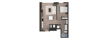 a floor plan of a studio apartment with a wood floor